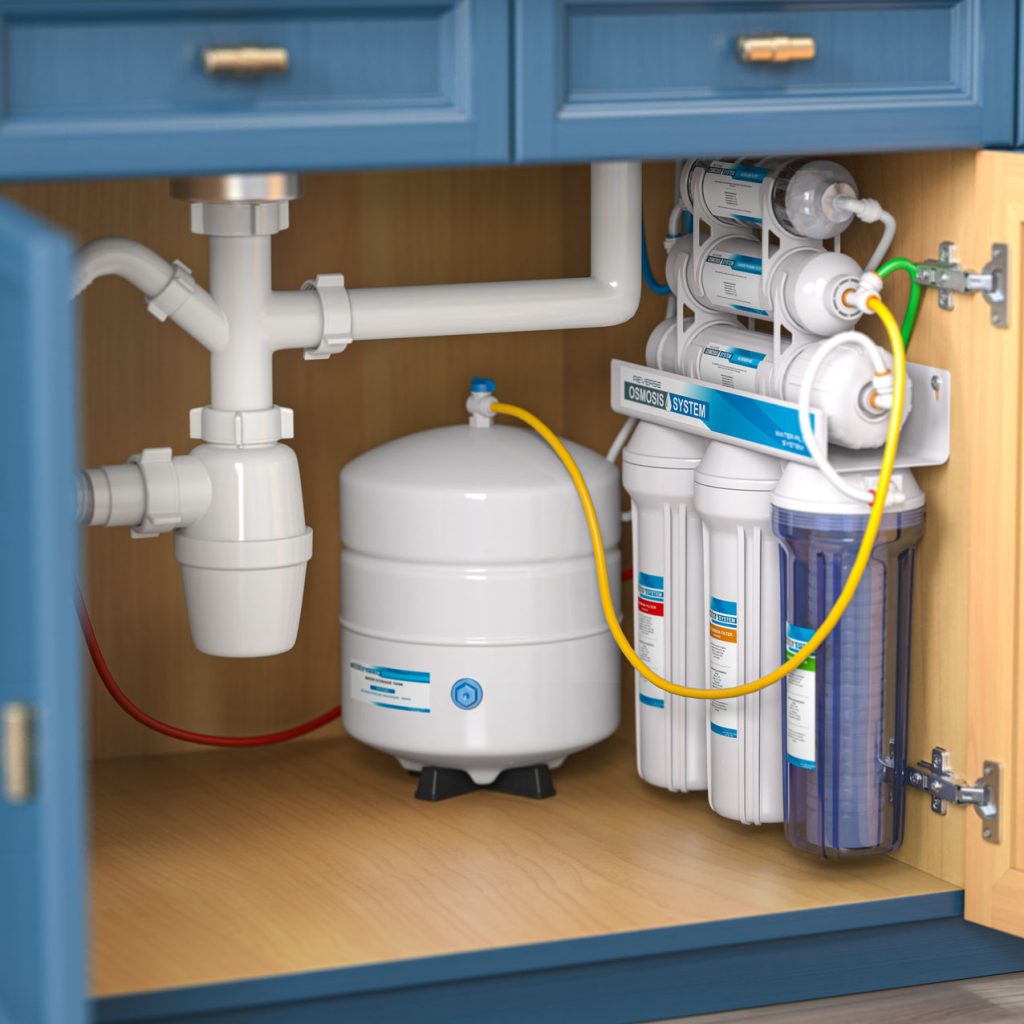 Reverse osmosis water purification system under sink in a kitcha